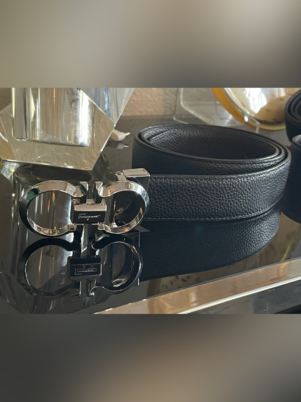Black Leather Belt with Silver Gancini Buckle